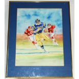 American Football. Colourful watercolour painting of an American football player running with the