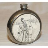 Cricket hip flask. Circular pewter hip flask with cricket scene to centre of batsman and
