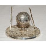 Golf ink stand. Attractive silver plated ink stand in the form of a hinged golf ball on tee with