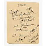Kent C.C.C. 1930/31. Small album page nicely signed in ink by twelve Kent players. Signatures are J.