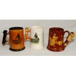 Three ceramic golf tankards c.1950s/1960s, each depicting golf scenes to the sides. Makers are Royal