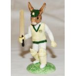 'Test Century Bunnykins'. Handmade and decorated ceramic Bunnykins figure of a batsman with bat