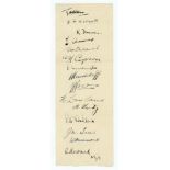M.C.C. (England) tour of Australia 1936/37. Narrow paper strip very nicely signed by fifteen members