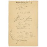 Warwickshire C.C.C. 1939. Album page signed in pencil by ten members of the Warwickshire team.