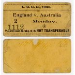 England v Australia 1905. Rarely seen official match ticket for the Monday (first day) of the fourth