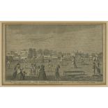 'Cricket at White Conduit House, Islington'. Three small original engravings showing the game