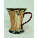 Doulton Lambeth stoneware mug with flared lip in art nouveau style, with three moulded relief