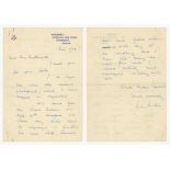 Leonard 'Len' Hutton. Yorkshire & England 1934-1955. Two handwritten letters from Hutton. One, a two