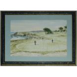 '17th Cypress Point'. Ned Field. c.1980. Original watercolour of golfers on the green at the