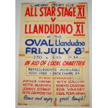 Llandudno C.C. 'All Star Stage XI v Llandudno XI'. Original large hand painted poster in bright red,