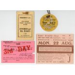 The Ashes 1938. Four tickets from the 1938 England v Australia Ashes series. Circular ticket with