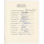 England v West Indies 1973. Official autograph sheet fully signed in ink by the twelve members of