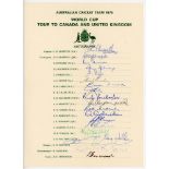 Australian World Cup Tour to Canada and England 1975. Official autograph sheet fully signed in