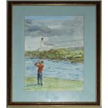 '9th Turnberry'. Ned Field. 1990. Original watercolour of a golfer playing over the water towards