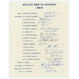 England tour to Australia 1978-1979. Official autograph sheet for the tour. Signed in ink by all