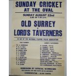 'Sunday Cricket at the Oval. Old Surrey v Lord's Taverners' 1965. Original poster for the match
