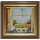 'The Cricket Match'. Norman Hunter. Original attractive scene in oil/ acrylic of two boys watching a