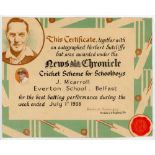 Herbert Sutcliffe, Yorkshire & England. News Chronicle cricket competition certificate presented