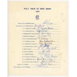 M.C.C. Tour to West Indies 1974. Official autograph sheet fully signed in ink by all eighteen