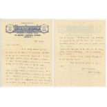 Herbert Sutcliffe. Yorkshire & England 1919-1945. Single page handwritten letter in ink dated 24th