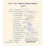 M.C.C. Tour to India, Sri Lanka and Australia 1976-1977. Official smaller autograph sheet fully