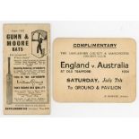 The Ashes 1934. Gunn & Moore folding advertising fixture card for season 1934. Sold with an official
