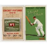 Cricket fixture cards 1929 & 1938. Two original advertising fixture card booklets issued by