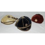 Early silk ceremonial/ honours caps. Three original silk caps, one in navy blue with silver metal