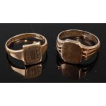 Two 9ct yellow gold signet rings, comprising a rectangular head engraved JWB, size S½, gross
