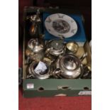 A box of miscellaneous items, to include Coalport Christmas plate, silver plated teawares etc