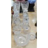 A collection of miscellaneous cut glassware to include a Waterford decanter and stopper, a pair of