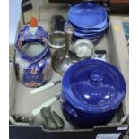 A box containing a collection of ceramics and metalware, to include an ironstone water jug, brass
