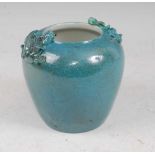 A Chinese vase of squat baluster form on blue ground with crackle glaze and twin lizard handles,