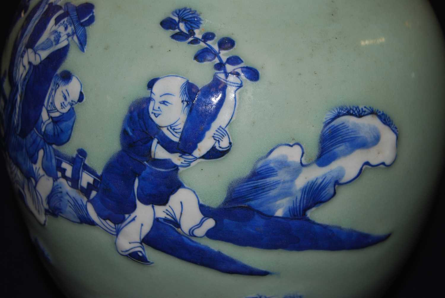 A Chinese export celadon ground baluster vase, having raised blue and white figure and cloud - Image 11 of 14