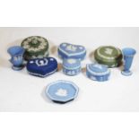 A collection of Wedgwood Jasperware, to include trinket jars and covers, compagna shaped urns, heart