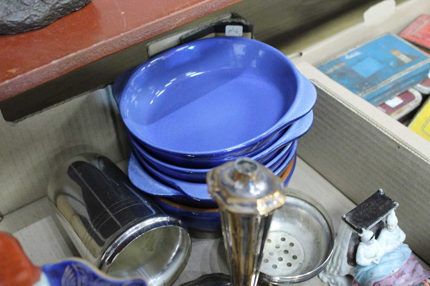 A box containing a collection of ceramics and metalware, to include an ironstone water jug, brass - Image 2 of 5