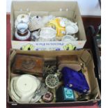 Two boxes of miscellaneous items to include a Pastimes St Andrew's clock with ball and tees,