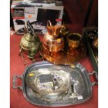 A collection of miscellaneous metalware, to include brass spirit kettle on stand, copper tray,
