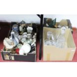 Three boxes of miscellaneous items to include cut glass biscuit barrel and cover, various silver