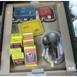 A box of miscellaneous items, to include loose silver plated flatware, Rooibostee Eleven o'clock