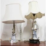 A Nao Spanish porcelain lamp base in the form of a girl against a tree with a puppy at her feet,