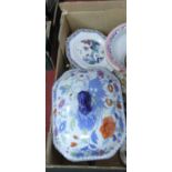 A box of miscellaneous items, to include a large transfer printed ironstone tureen and cover,