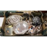 A box of miscellaneous metalware, to include silver plated three-piece tea set, cake basket etc