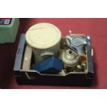 A box of miscellaneous items, to include bread crock, brass spirit kettle on stand, Victorian