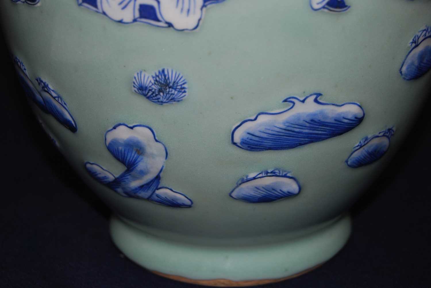 A Chinese export celadon ground baluster vase, having raised blue and white figure and cloud - Image 12 of 14