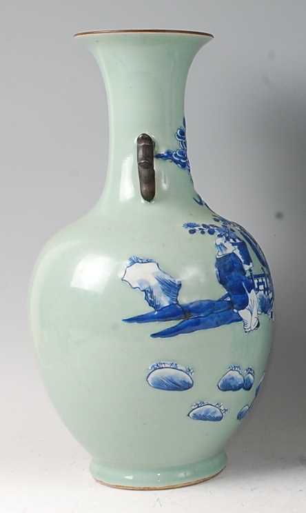 A Chinese export celadon ground baluster vase, having raised blue and white figure and cloud - Image 4 of 14