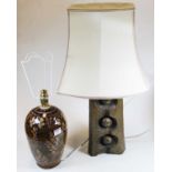 A 20th century brown glazed stoneware table lamp, of ovoid form, h.45cm (including fittings);