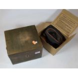 A Home Guard gas mask, dated 1937, in card outer box and further pine box