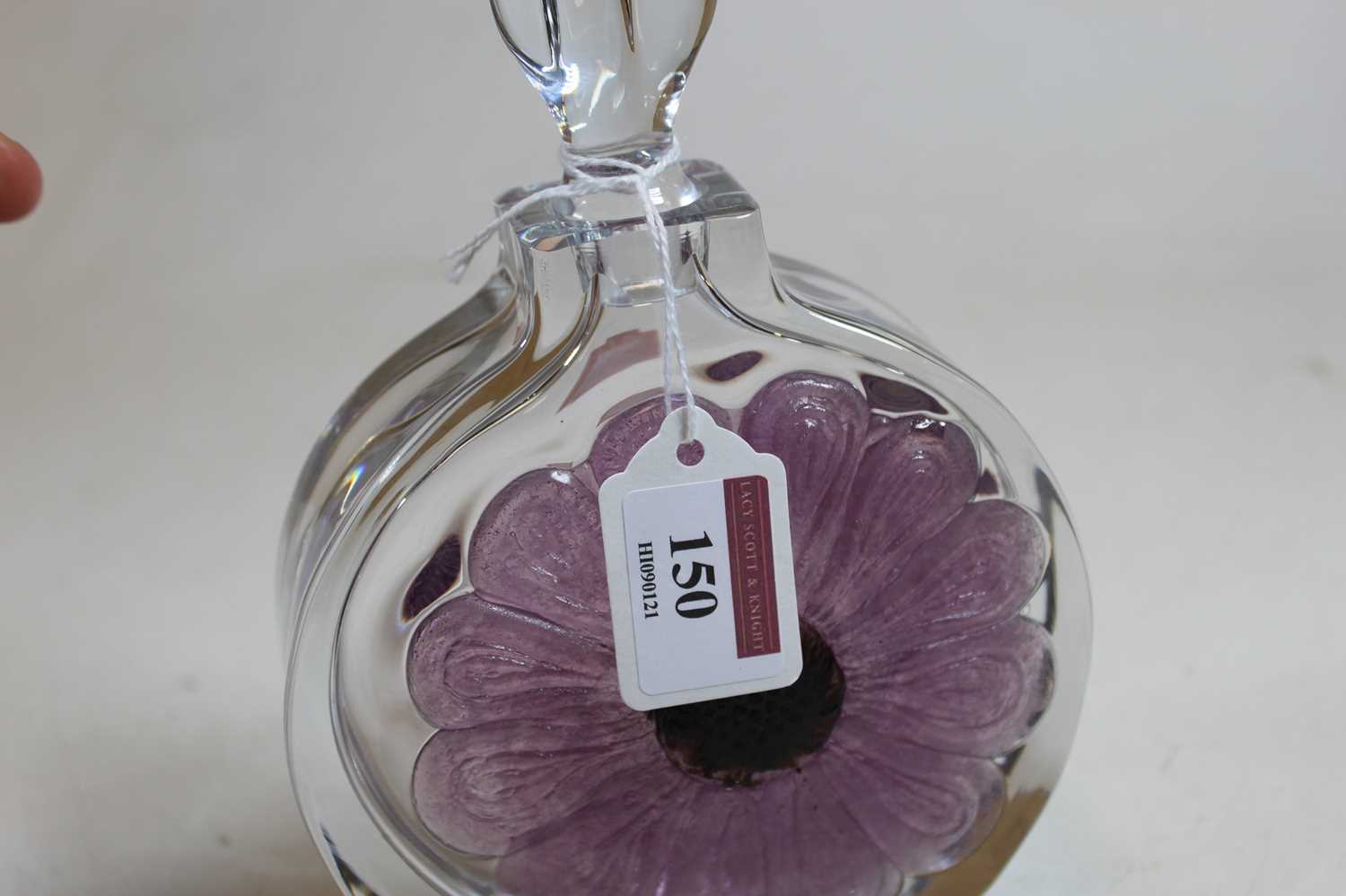 A Daum French glass decanter and stopper, of slab-sided circular form, decorated with a purple - Image 4 of 10