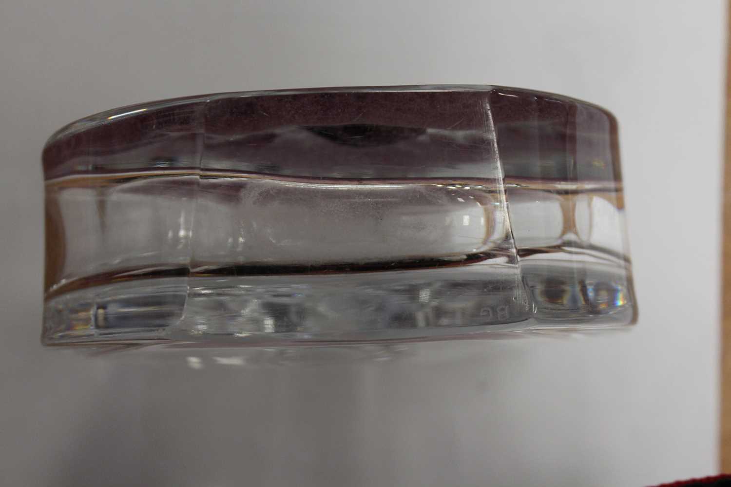 A Daum French glass decanter and stopper, of slab-sided circular form, decorated with a purple - Image 6 of 10